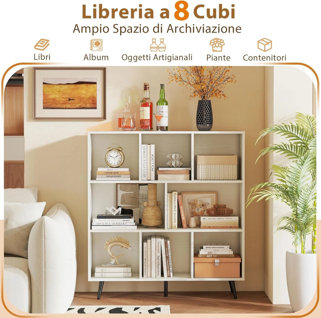 Libreria a 8 Cubi, Organizzatore di Stoccaggio Moderno con 5 Gambe di Metallo, Scaffale per Esposizione con 2 Kit Anti-Ribaltamento per Soggiorno Studio Camera da Letto, Bianco (100x24x107cm)