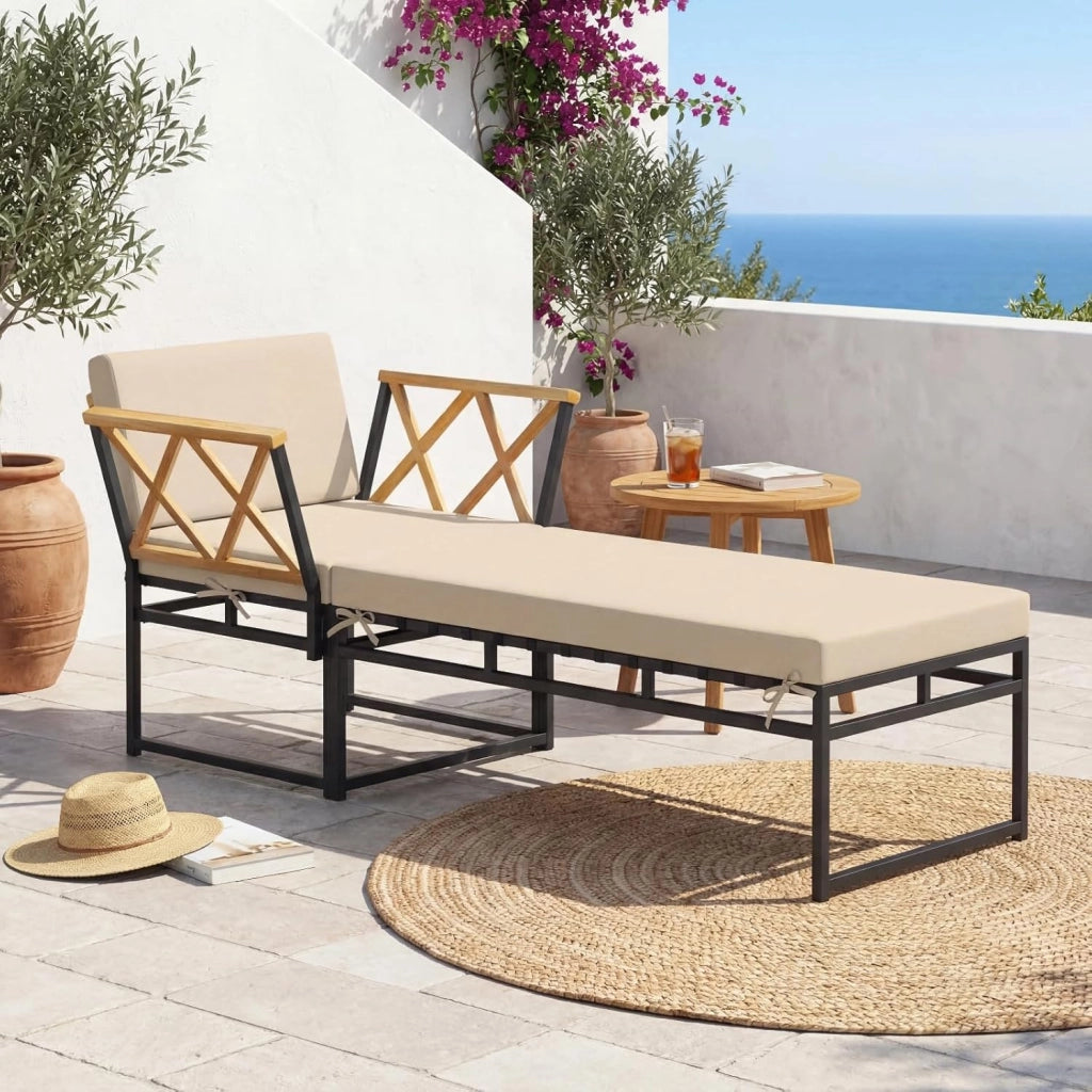 Sedia a sdraio da giardino con cuscino, lettino da esterno 2 in 1, 1 poltrona + 1 panchina, carico totale 180+360 kg, bagno di sole, design ergonomico, 175 x 55 x 66 cm, per terrazza e