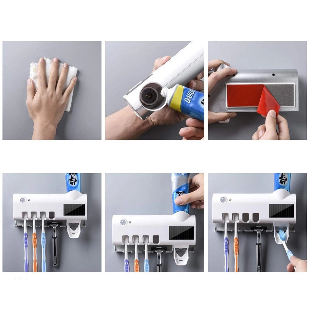 Sterilizzatore UV con 4 slot portaspazzolini dentifricio a ricarica solare USB Bianco