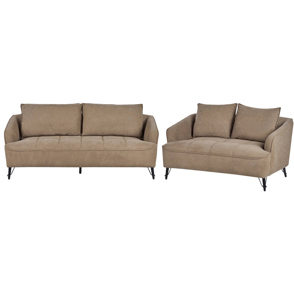 Set di divani a 2 e 3 posti in tessuto marrone con cuscini aggiuntivi stile moderno