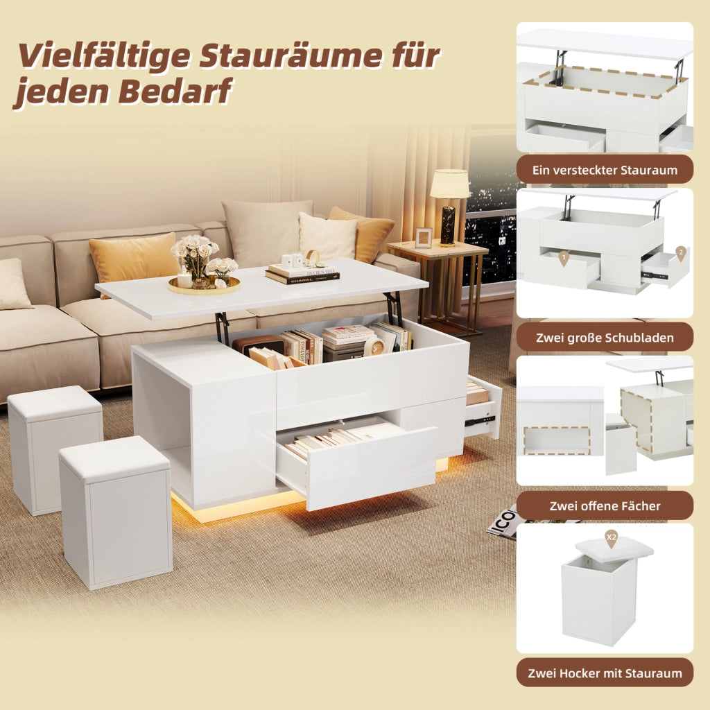 Tavolino da caffè elevabile LED bianco con 2 sgabelli