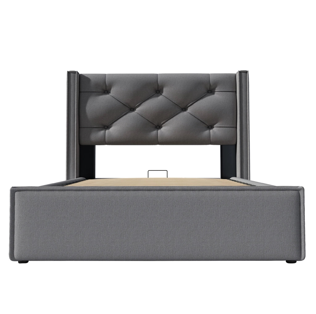 Letto contenitore singolo ULEVR 90x200 cm con sollevamento a cilindri e rete a doghe, cotone grigio