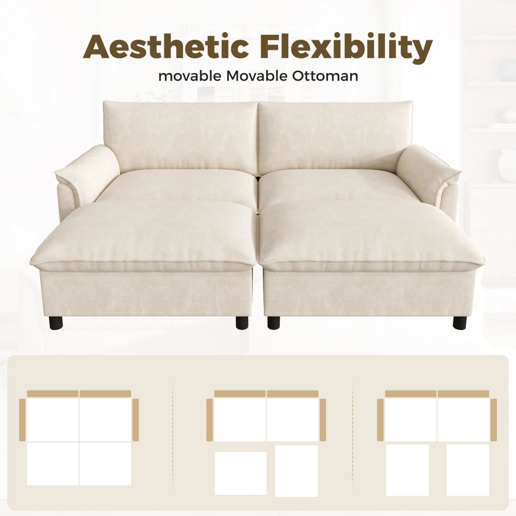 Divano modulare con seduta profonda e 2 poggiapiedi mobili, schienale alto, in chenille beige 216 × 77 × 82 cm