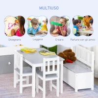 Set Tavolo per Bambini con 2 Sedie e Cassapanca in Legno per Cameretta, Bianco e Grigio