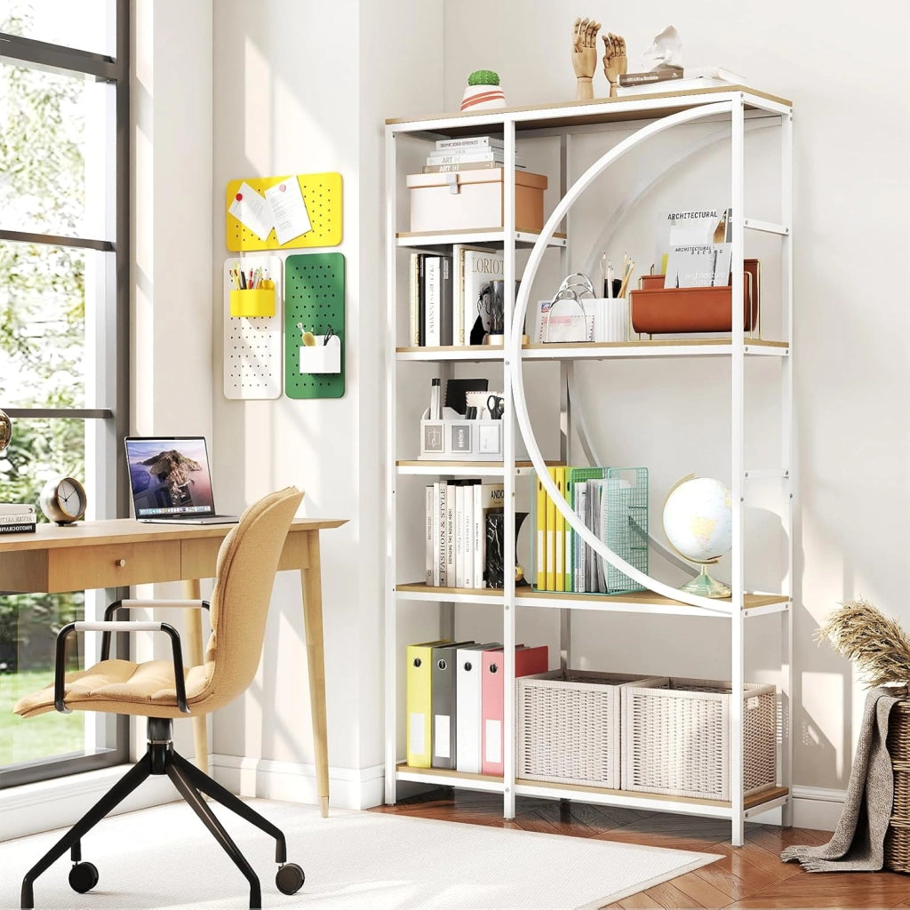 Libreria Moderna a 6 Ripiani Aperti, Scaffale Alto Autoportante Forma di Mezzaluna, Struttura in Metallo, Organizzatore per Soggiorno Ufficio, 100x30x177 cm (Naturale)