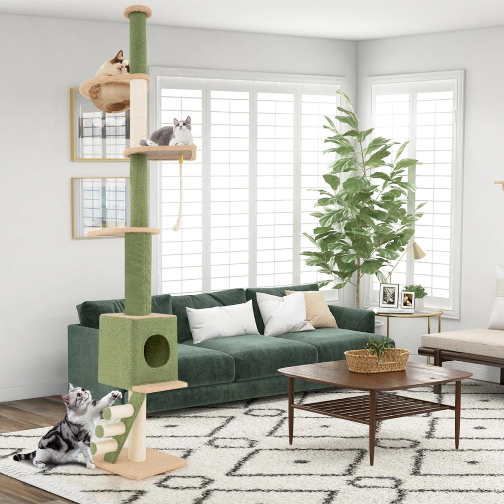 Albero per gatti da pavimento a soffitto con altezza regolabile 218-253cm, Centro attivit¨¤ con 5 livelli per gatti Verde-Alberi Tiragraffi