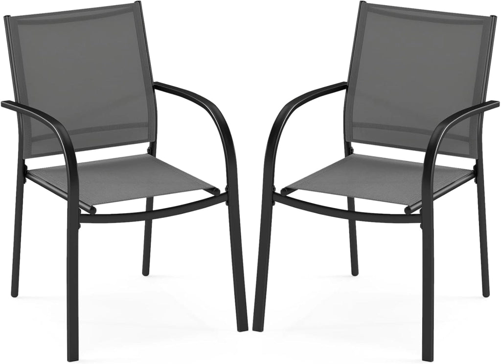 Set di 2 Sedie da Giardino, Sedie da Pranzo Impilabili in Metallo, con Seduta e Schienale Traspiranti, Poltrona Esterno per Giardino Piscina Balcone, Portata 150 kg