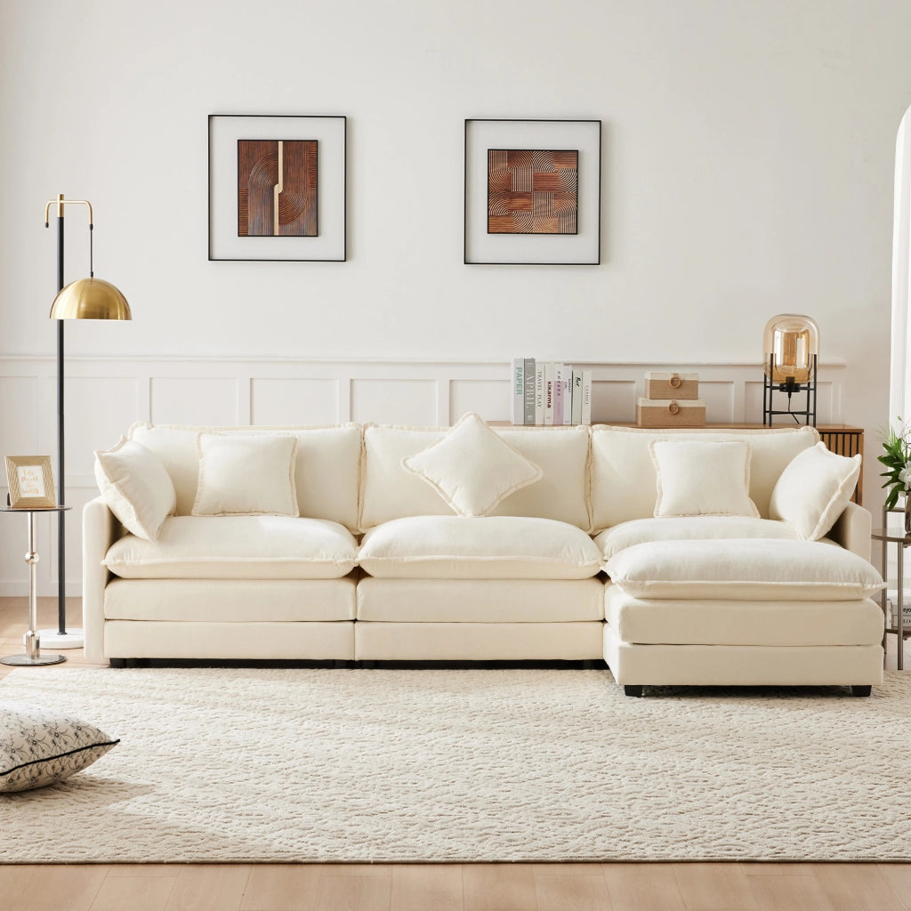 SOFA Angolare L 283x147x84 cm in ciniglia beige con pouf mobile