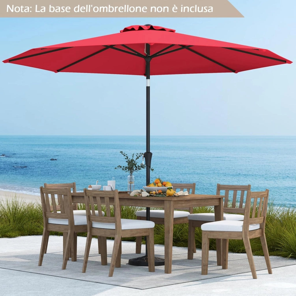 Ombrellone da Giardino, Diametro 290 cm, Ombrello da Spiaggia con Manovella e Inclinazione Regolabile, Ideale per Spiaggia, Balcone, Giardino (Rosso)