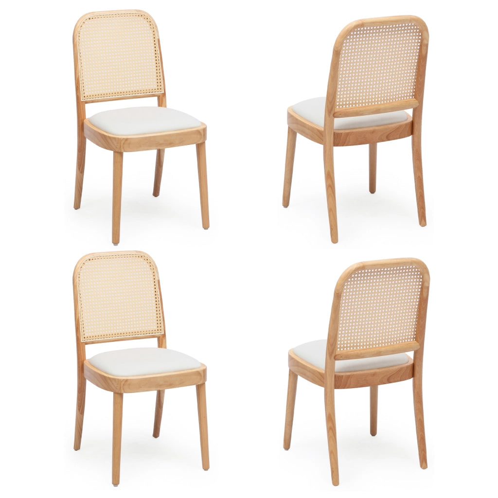 Set di 2 sedie da pranzo in legno massiccio con schienale in rattan e seduta in lino