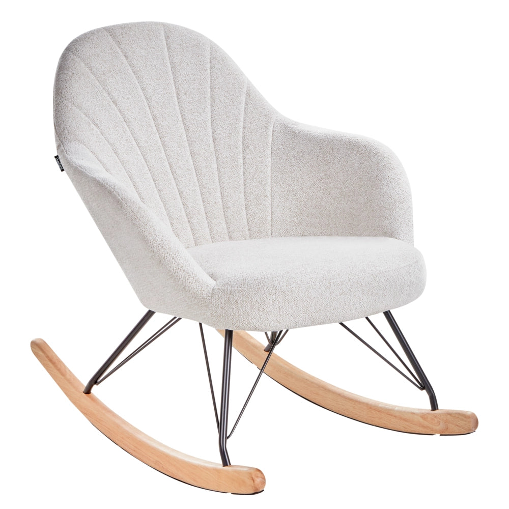 Sedia a dondolo in tessuto bianco sporco gambe in legno e metallo pattini design moderno soggiorno