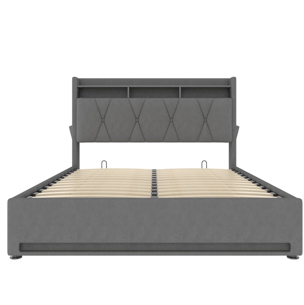 Letto imbottito 160x200 cm con LED, USB-C e vano contenitore