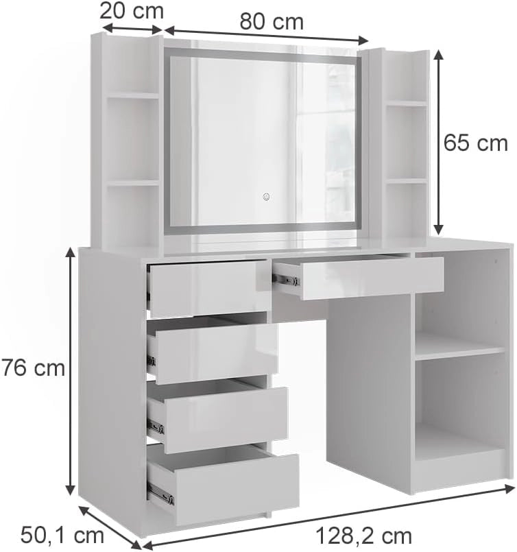 Tavolo da toeletta Sherry, Bianco/bianco lucido, 128.2 cm con specchio LED