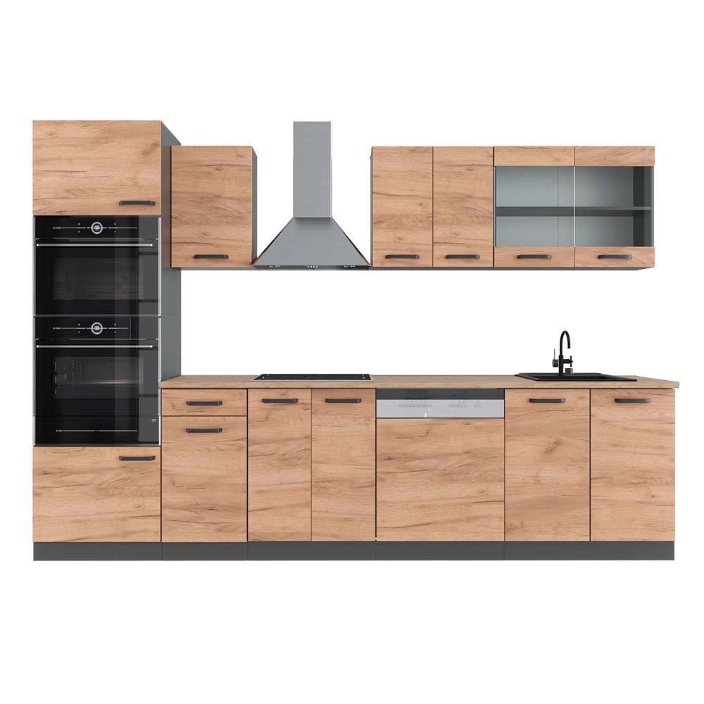 Vicco Cucina componibile Quercia dorata/antracite 300 cm con armadio alto, PL Rovere