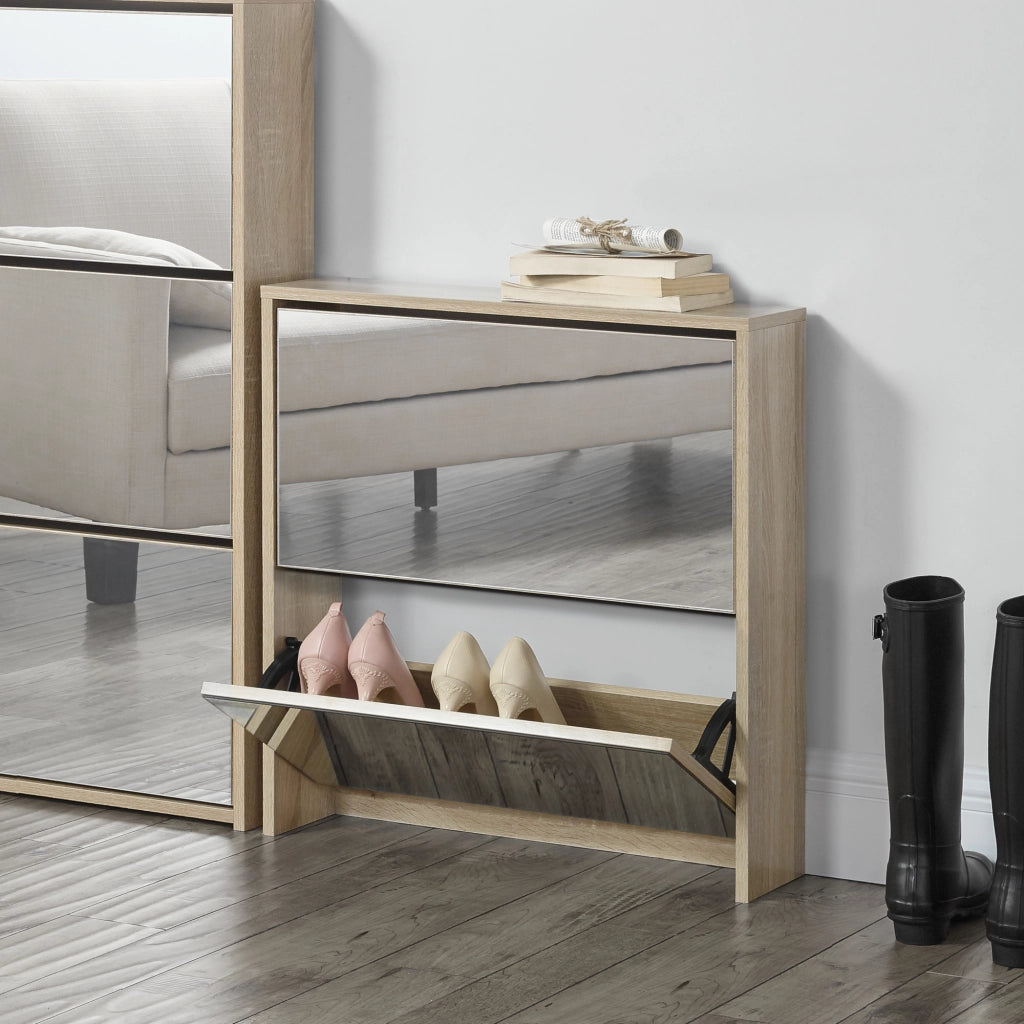 Scarpiera Stretta Lund con Ante a Specchio e 2 Contenitori Ribaltabili - Effetto Rovere Sonoma [en.casa]
