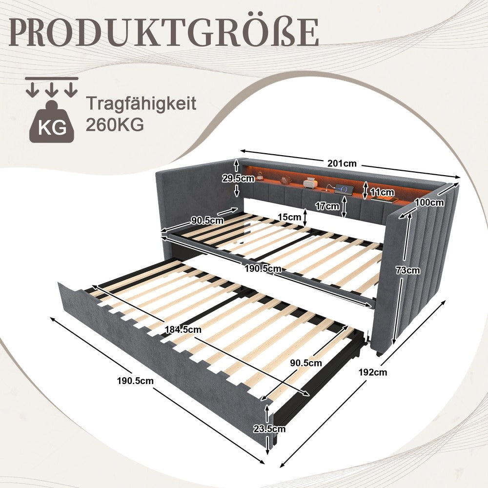 Divano Letto con LED, USB, Velluto Grigio e Contenitore ¨C Xylo ¨C 90x190