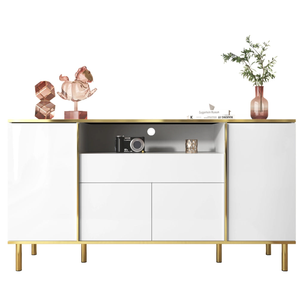 Credenza 150x40x80 cm con LED; 4 ante e 1 cassetto; MDF e pannello truciolare bianco lucido