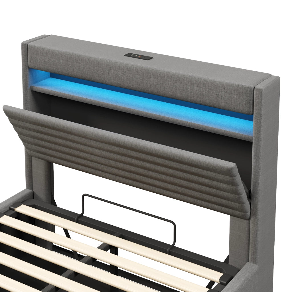 DESMIU Lit con contenitore 140 × 200 cm 2 posti con USB, Type-C, LED regolabile e senza materasso, in lino, grigio