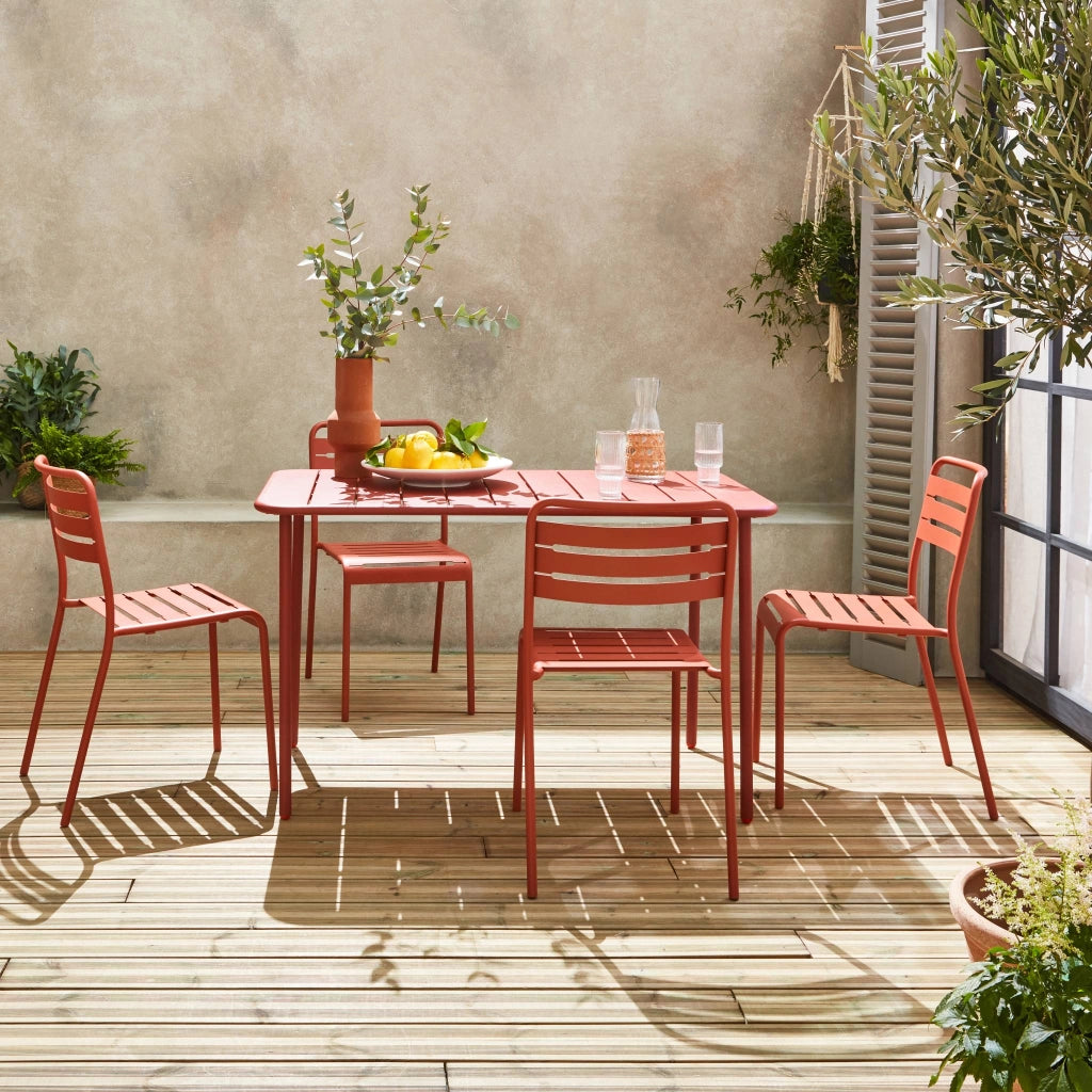 Set tavolo da giardino in acciaio con 4 sedie, 120cm, terracotta