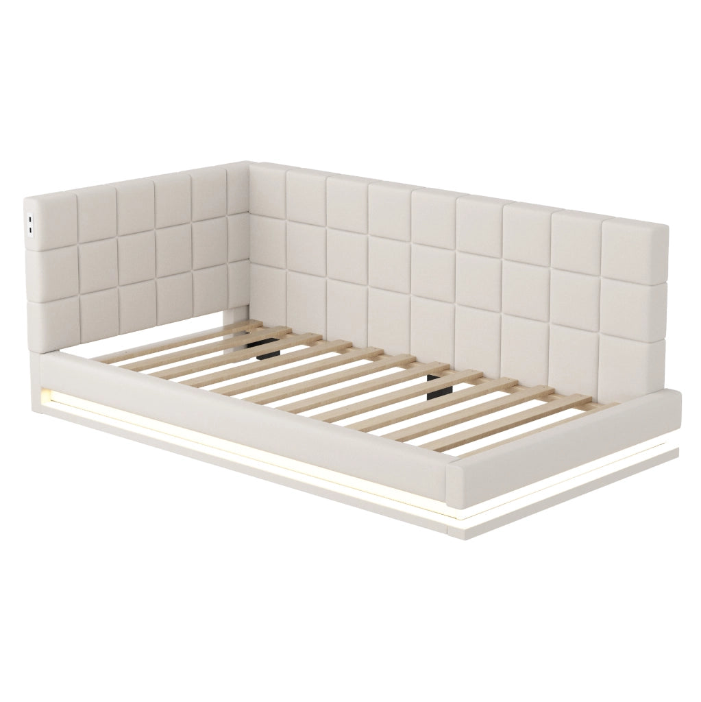 Divano letto 90x200 con LED; porta USB; rete a doghe; lino beige