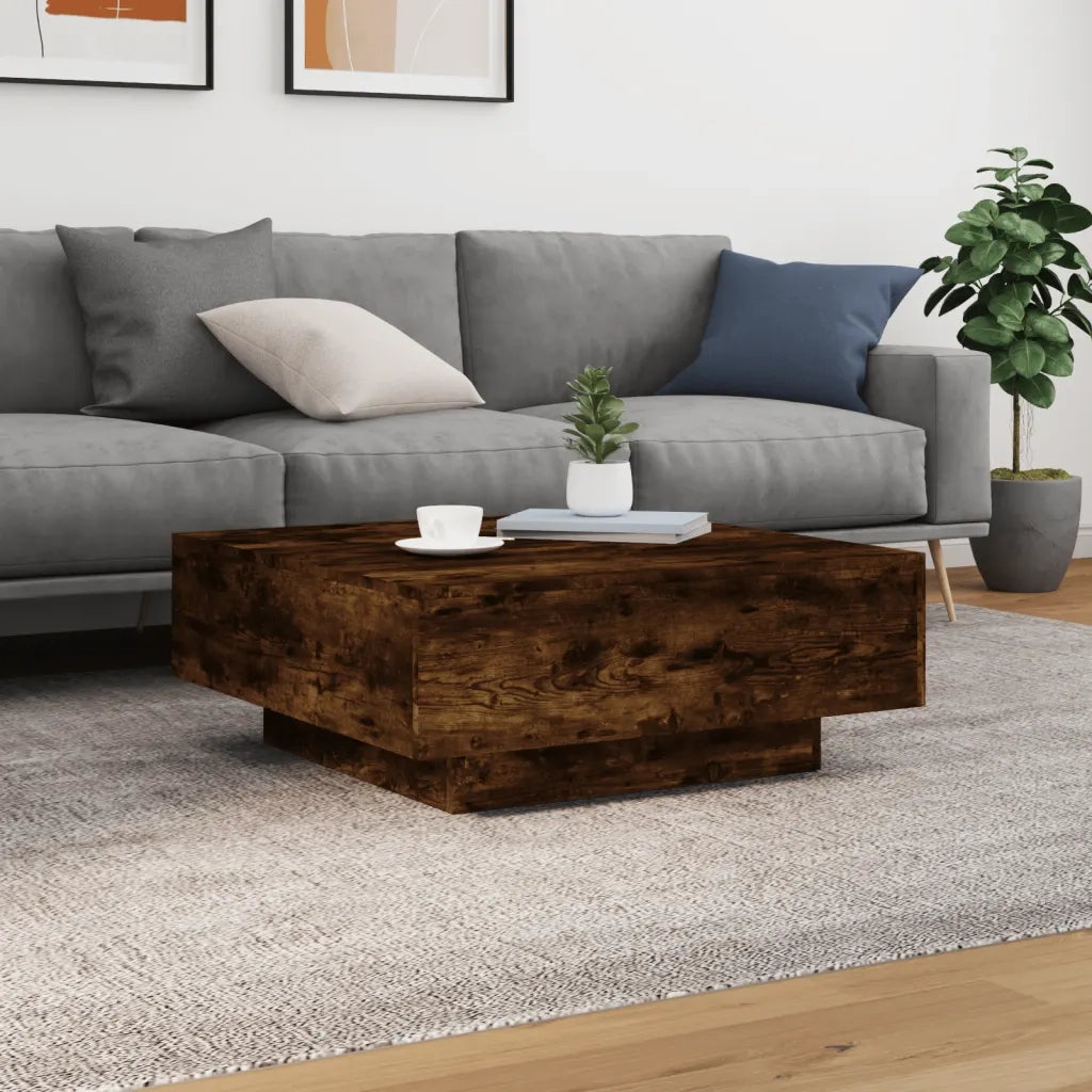Tavolino da Soggiorno con Luci LED-Tavolino da Salotto-Tavolo Rovere Fumo 80x80x31 cm