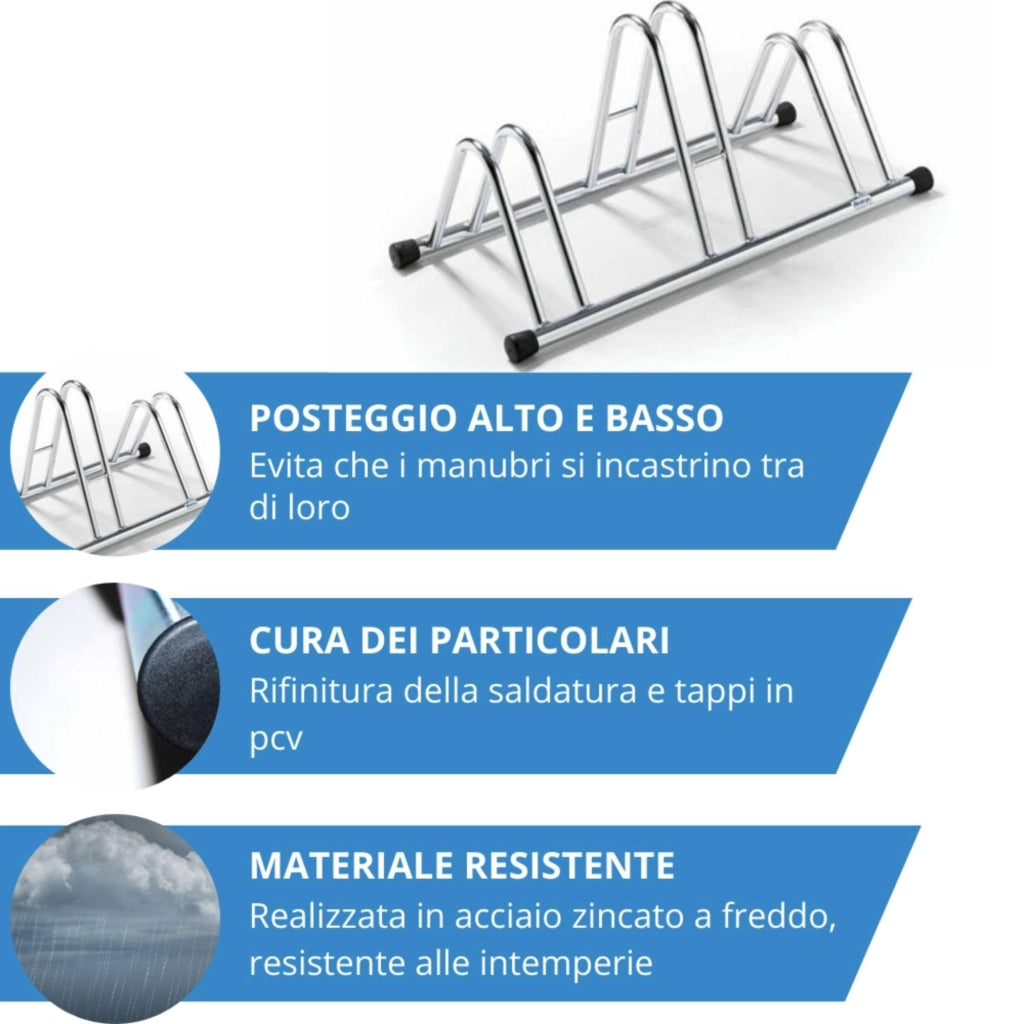 Andrys Rastrelliera Bici 3 Posti Alto/Basso Ruote 6cm Zincato Argento