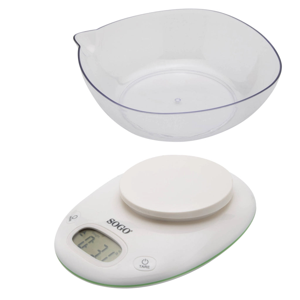 Bilancia da cucina digitale con ciotola 5kg, display LCD retroilluminato 60x30mm, funzioni zero tara, graduazione 1g - SOGO