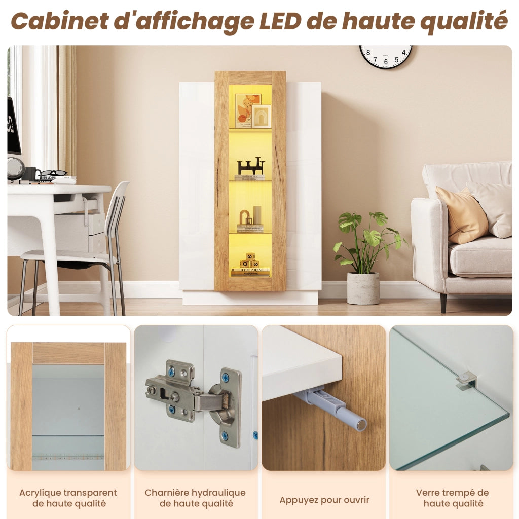 Vetrina; Libreria con 3 Ante; 1 Cassetto e LED; Controllo tramite App; Stile Moderno; in Pannelli di Particelle; Bianco e Legno; 74??40??120 cm