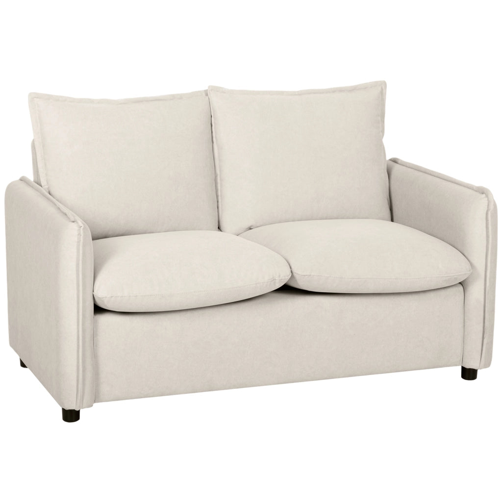 Divano 2 Posti 131x73x80 cm Imbottito con 2 Cuscini e Braccioli in Tessuto Effetto Pelle Traspirante Crema