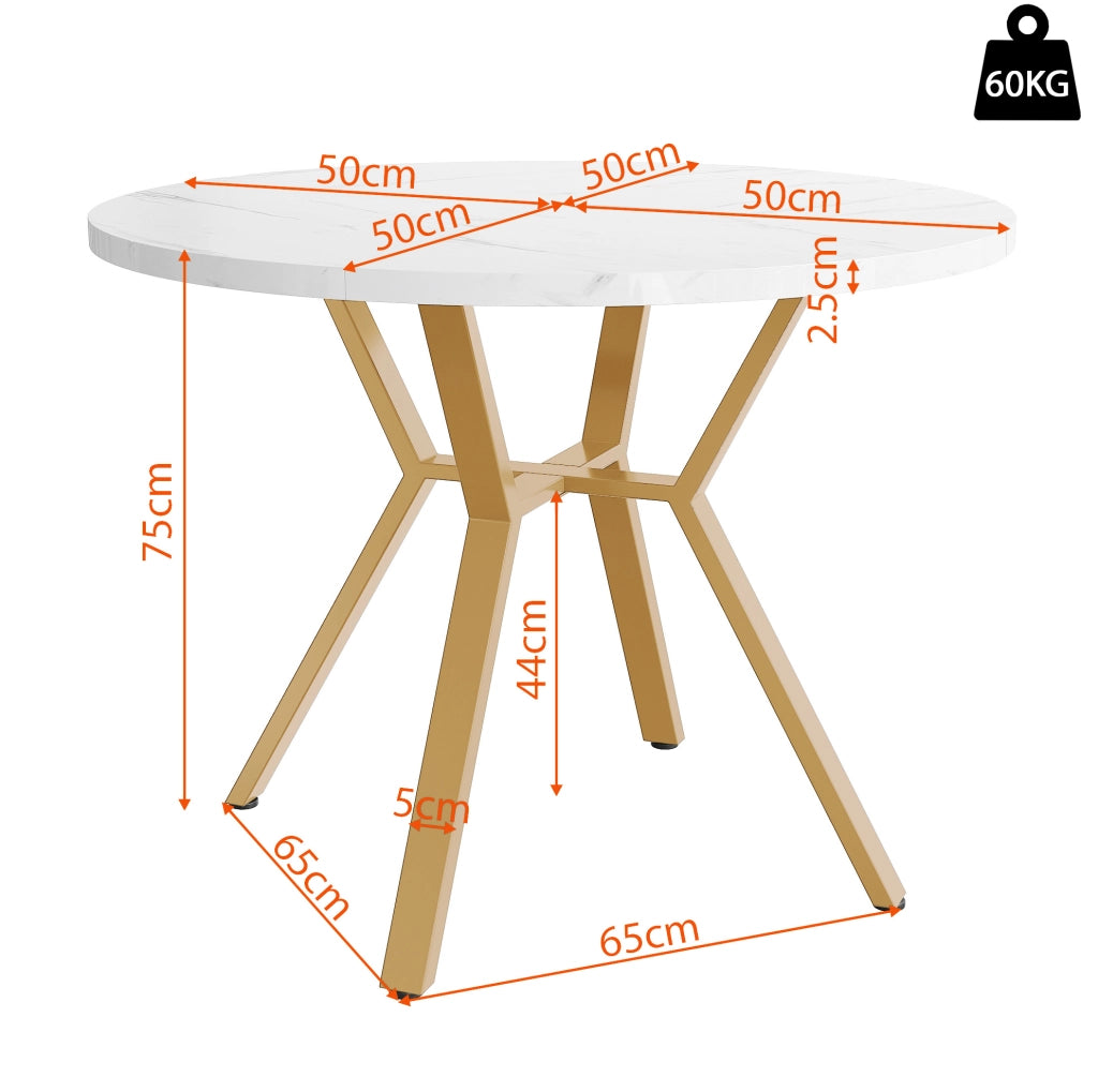 Tavolo da pranzo rotondo 100 cm; MDF effetto marmo bianco con struttura in metallo dorato