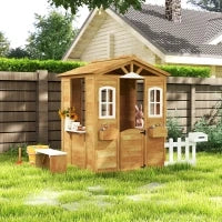Casetta per Bambini in Legno con Finestre, Staccionata e Panca, 205x119x140 cm, Legno Naturale