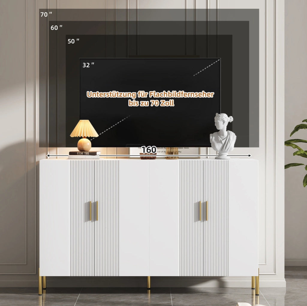 Credenza ULEVR 160x35x100 cm con 4 ante e 4 ripiani regolabili, mobile contenitore bianco e oro