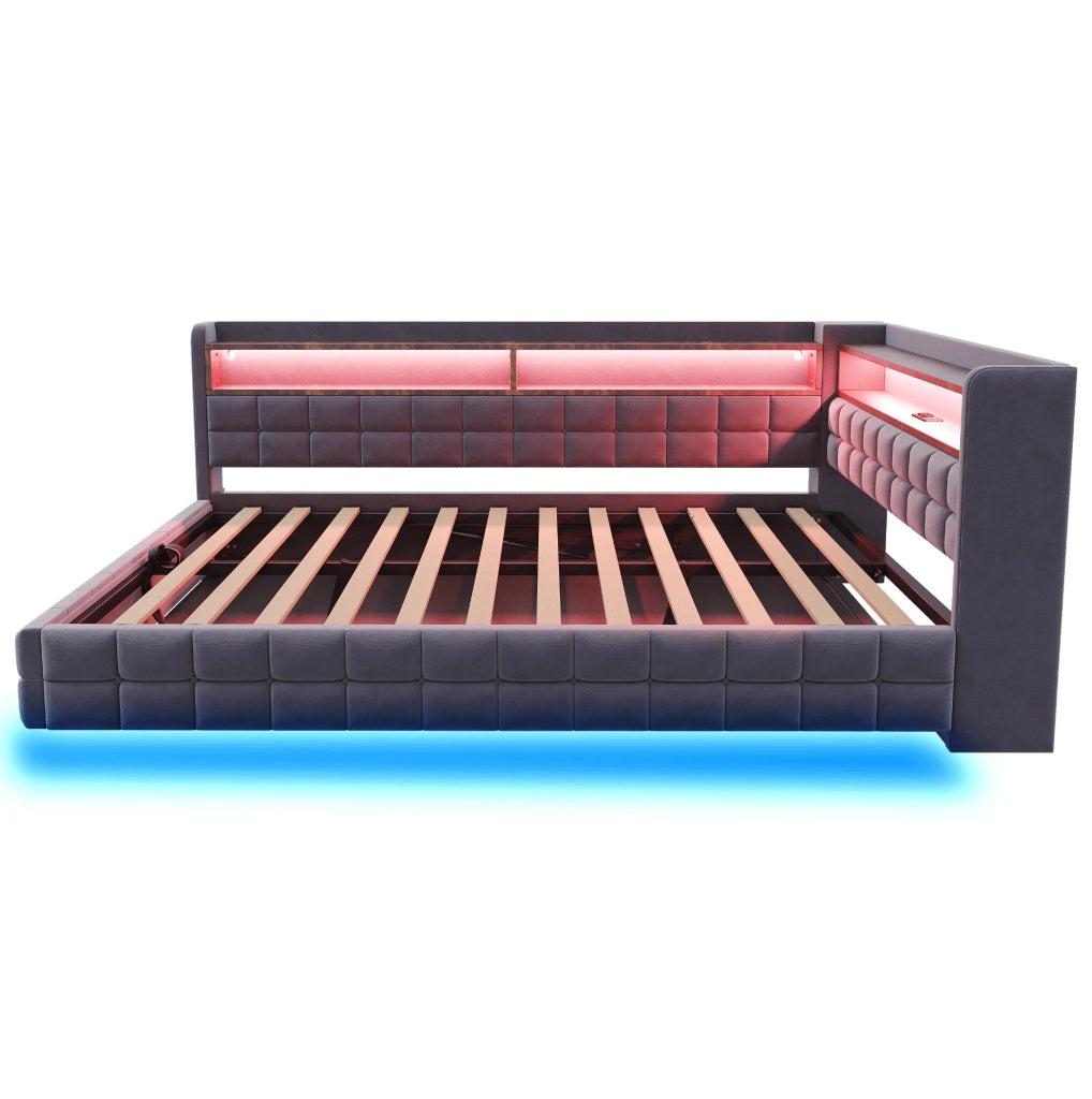Divano letto imbottito 140x200 cm con vano contenitore idraulico; LED; prese USB e Type-C; grigio