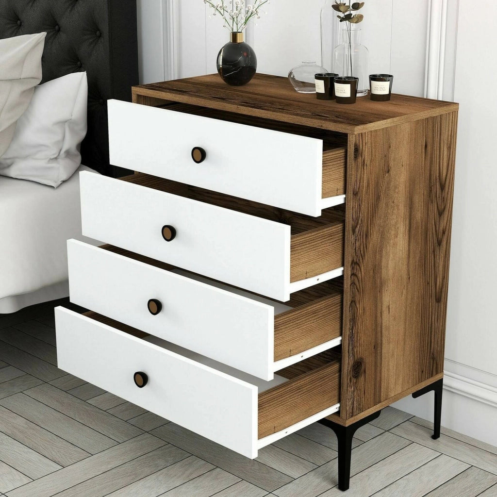Cassettiera Molly, Settimino multiuso, Comò camera da letto, Mobile con cassetti, 76x40h91 cm, Noce e Bianco