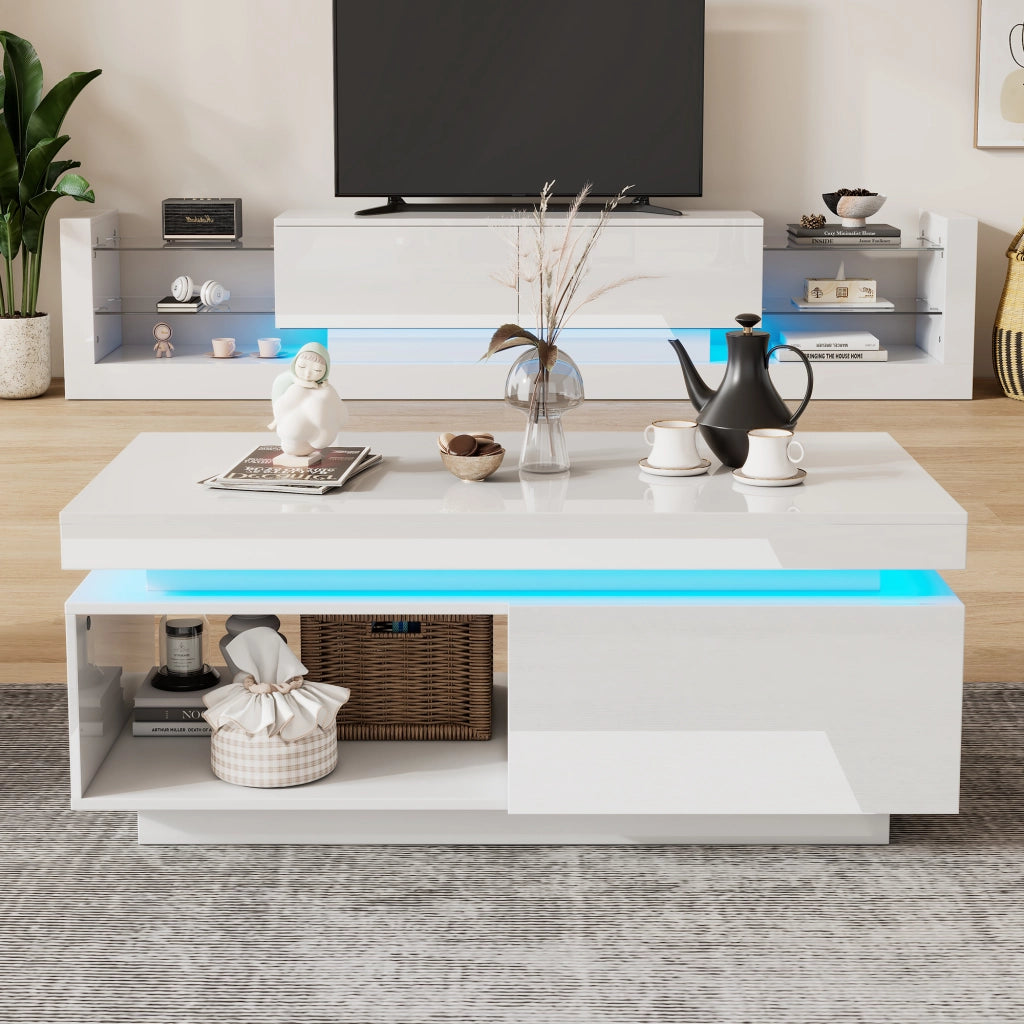 MOBILE TV con Tavolino Bianco Lucido LED Set 2 unità 181x38x38 cm e 100x50x40,3 cm