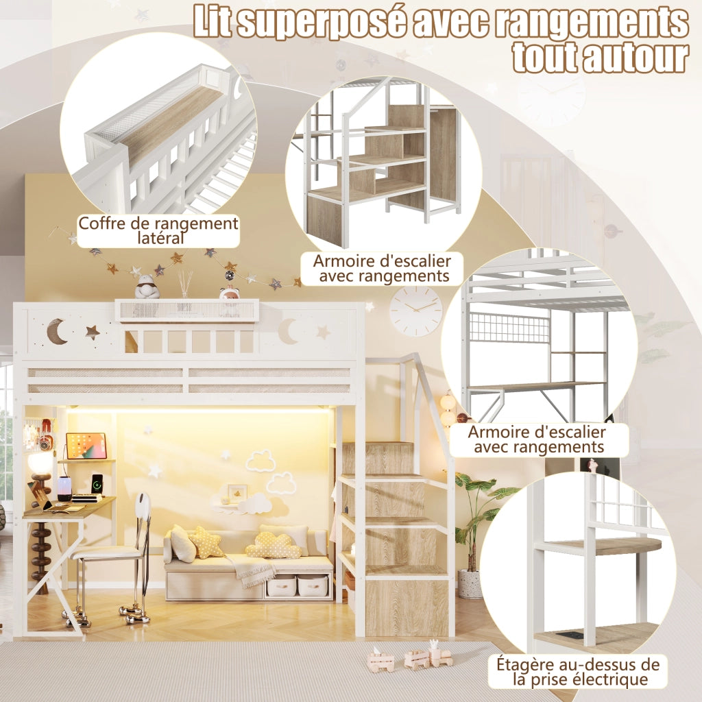 Letto a soppalco 140x200 cm con scrivania; pannello pegboard; ripiani; LED; USB e gambe a K; metallo bianco