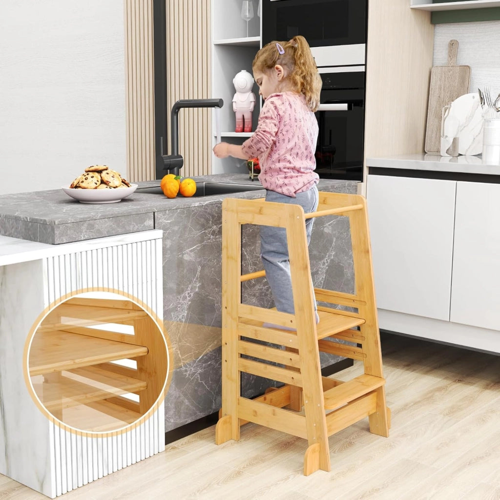 Torre Montessoriana in Bambù, Torre di Apprendimento con 4 Altezze Regolabili, Barra di Sicurezza e Piedini Antiribaltamento, Sgabello da Cucina per Bambini 18+ Mesi
