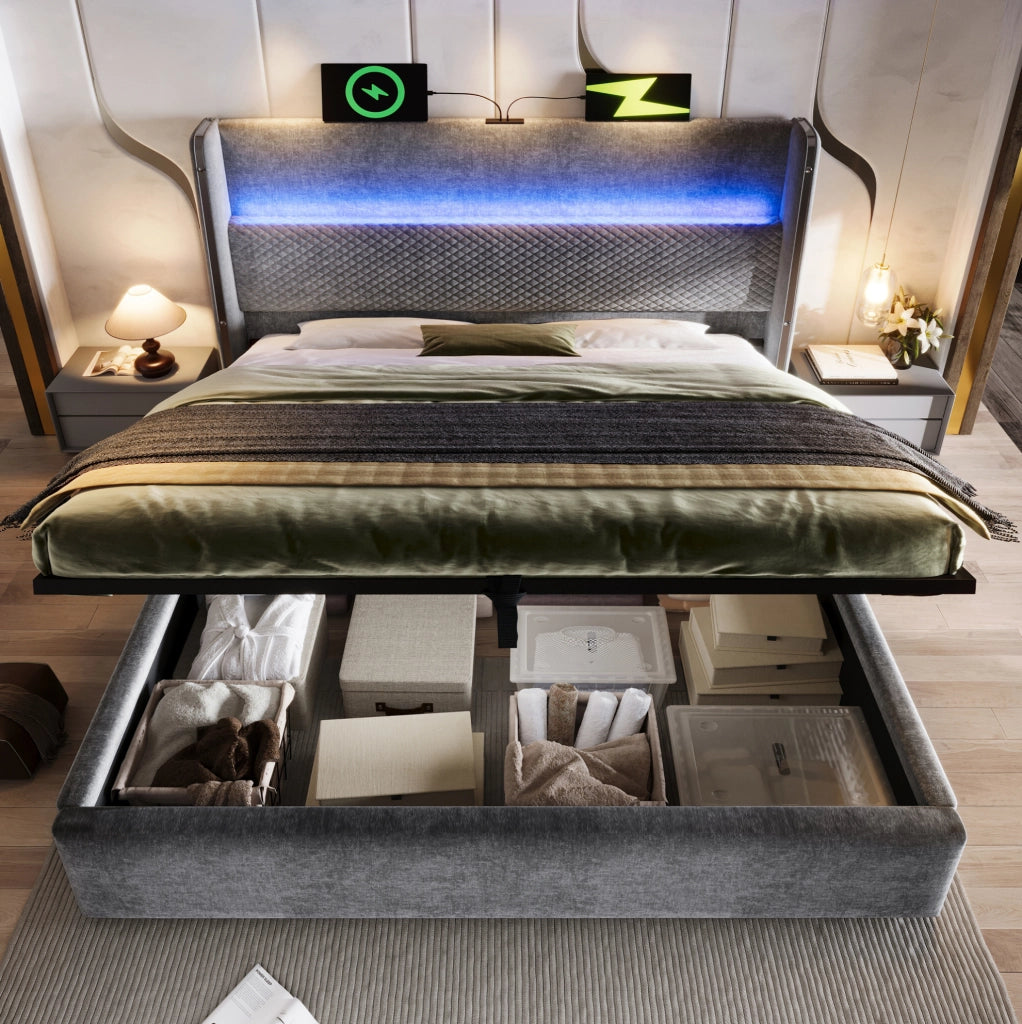 Letto idraulico con testiera alta, LED e porta USB/Type-C