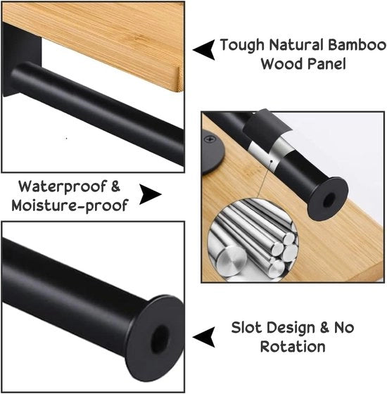 Toiletpapier holder senza forare, holder di carta igienica autoadesiva, bamboo, con piastra di fissaggio senza forare, holder di carta igienica, autoadesivo, per cucina e bagno