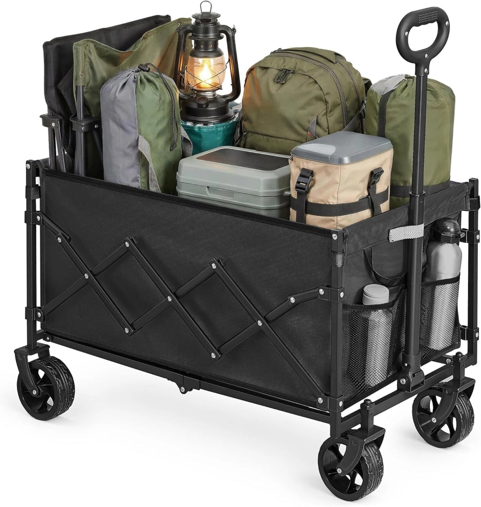 SONGMICS Carrello Pieghevole Piccolo, Carrello da Giardino, Compatto, con Manico, 4 Ruote Rinforzate di cui 2 Universali, per Esterni, Giardino, Portante di 120 kg, 150 L, Nero Inchiostro GFW150BH01