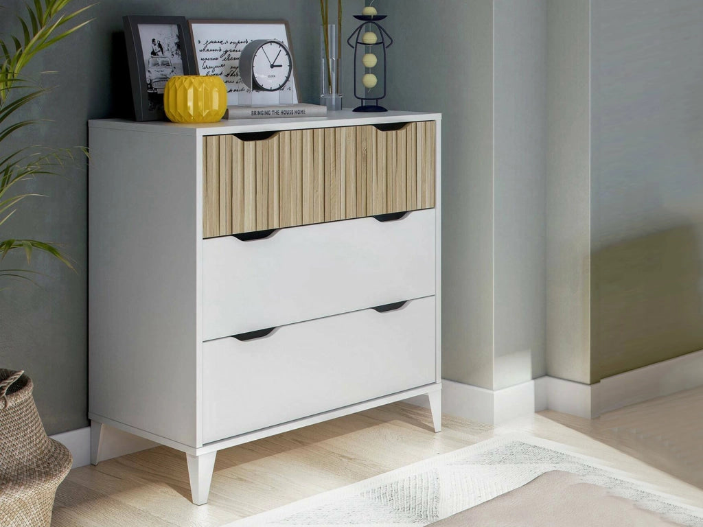 Cassettiera Archi, Settimino multiuso, Comò camera da letto, Mobile con cassetti, 71x40 h76 cm, Bianco e Rovere
