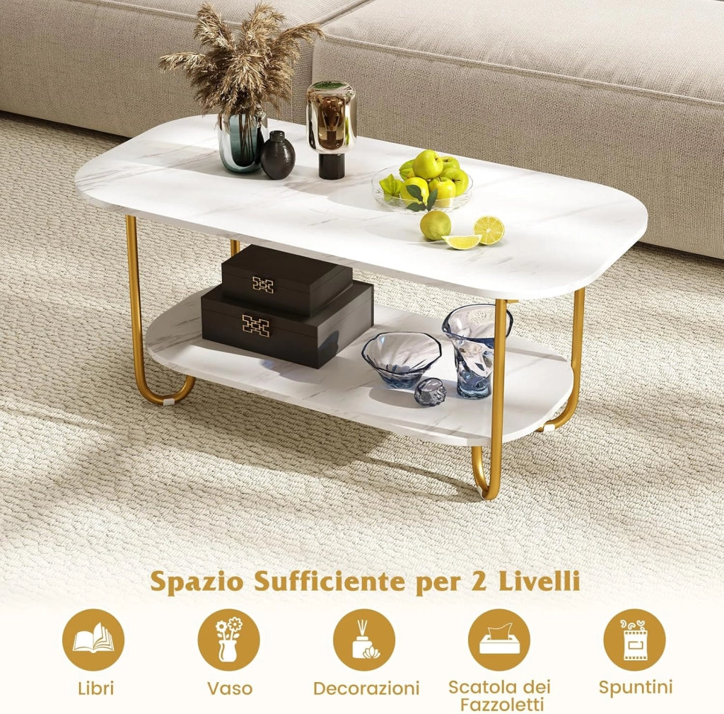 Tavolino da Caffè per Salotto a 2 Livelli, Tavolino Basso Rettangolo con Piano Effetto Marmo, Tavolino da Divano Moderno per Soggiorno,100 x 50 x 45 cm, Bianco e Oro