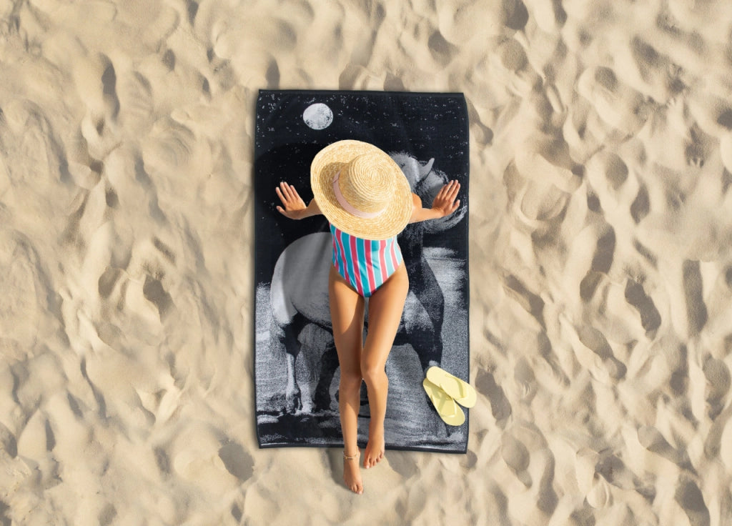 Telo Mare Jacquard Spugna Asciugamano Spiaggia Disegno Safari Horse D3