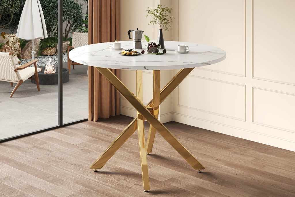 Tavolo da pranzo rotondo con piano effetto marmo e gambe incrociate dorate, per cucina e soggiorno, in MDF, oro bianco