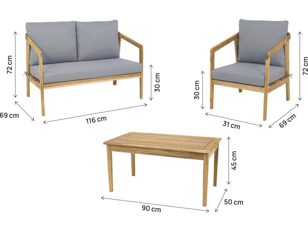 Set di mobili da giardino in legno "Presley" con cuscini - 4 posti - Grigio