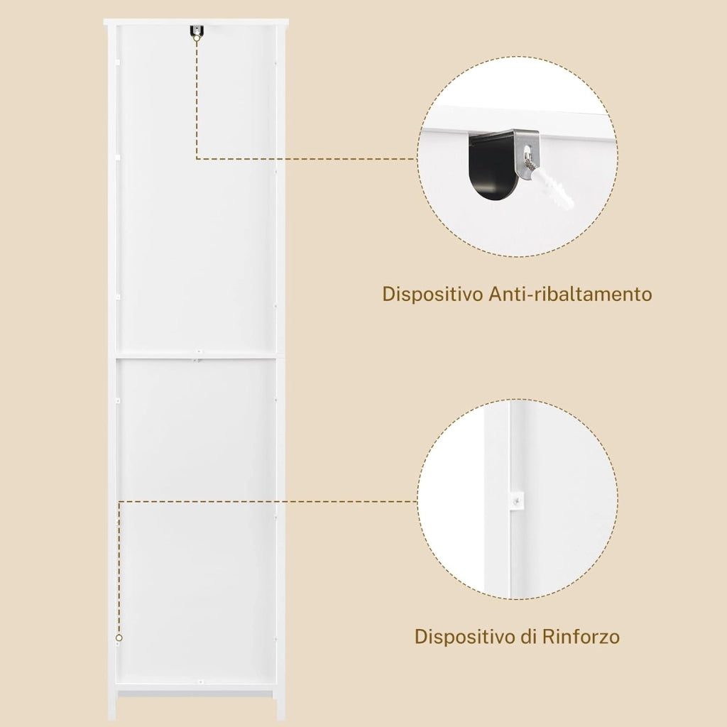 Mobiletto Bagno Salvaspazio con Ante Regolabili, Mobile Bagno Alto con 2 Ante e 1 Cassetto, Colonna Bagno con Ripiani Regolabili, Mobiletto compatto da terra, Bianco 40x30x170cm