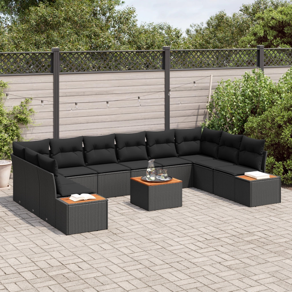 Set Divano da Giardino da 11 Pezzi con Cuscini Nero Polyrattan Acacia