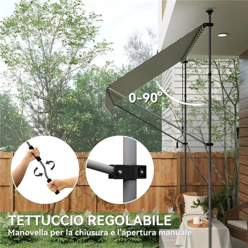 TENDA DA SOLE 2X1.2 M CON SUPPORTI REGOLABILI E MANOVELLA IN ALLUMINIO METALLO E POLIESTERE VERDE E BIANCO