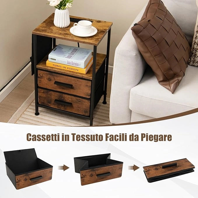 Tavolino con 2 Cassetti e 6 Tasche Laterali, Tavolino Versatile con Porte USB e Prese AC, Tavolino da Salotto e Camera da Letto, Marrone (38 x 30 x 60 cm, 2)