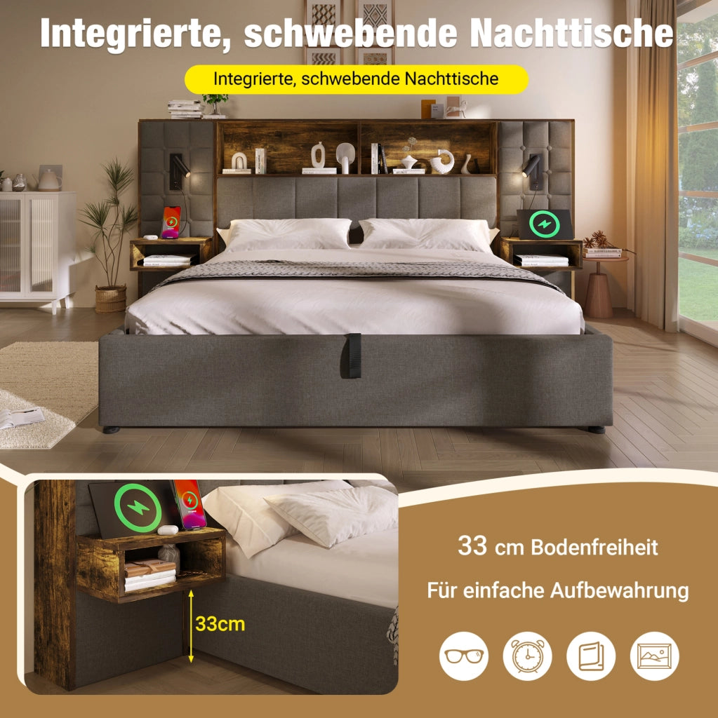 Letto imbottito grigio 160x200 con luci, ricarica e spazio contenitivo